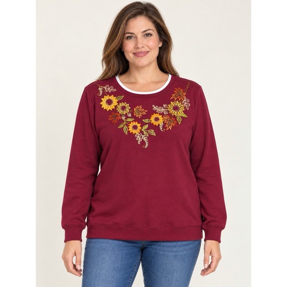 Alfred Dunner Sweaters - Vintage Alfred Dunner Women's Large Burgundy Embroidered Fall Sweatshirt Granny